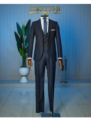 Beystil Sivri Yaka Lacivert Yelekli Takım Elbise Bezayak- Slim Fit