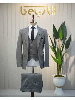 Beystil Sivri Yaka Koyu Gri Yelekli Takım Elbise Elanor- Slim Fit