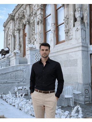 Beystil Slim Fit Siyah Saten Gömlek