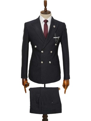 Beystil Sivri Yaka Siyah Çizgili Kruvaze Takım Elbise Togo - Slim Fit