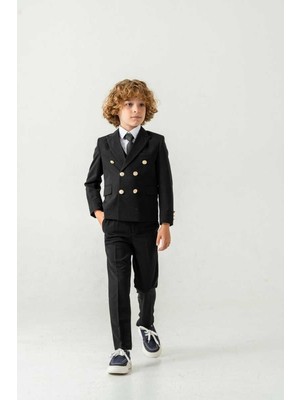 Beystil Sivri Yaka Siyah Çocuk Kruvaze Takım Elbise Set -Slim Fit