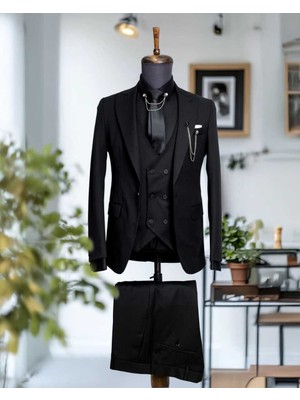Beystil Sivri Yaka Siyah Yelekli Takım Elbise Nikol - Slim Fit