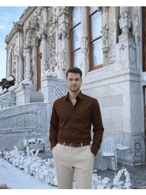 Beystil Slim Fit Kahve Saten Gömlek