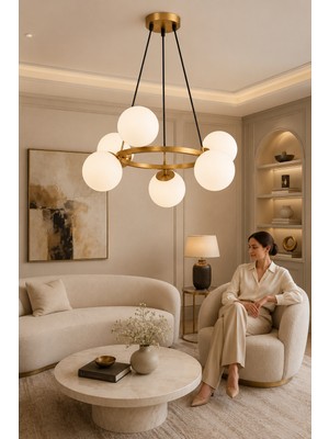 Esslight Kayra 6’lı Eskitme Beyaz Camlı Modern Salon Mutfak Yatak Odası Avizesi