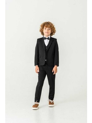 Beystil Sivri Yaka Siyah Yelekli Çocuk Takım Elbise Set -Slim Fit