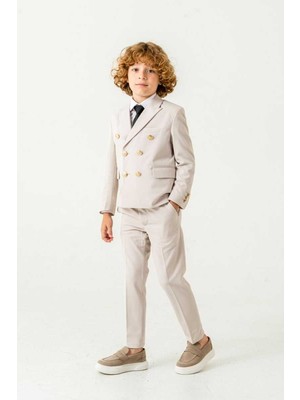 Beystil Sivri Yaka Taş Rengi Çocuk Kruvaze Takım Elbise Set -Slim Fit
