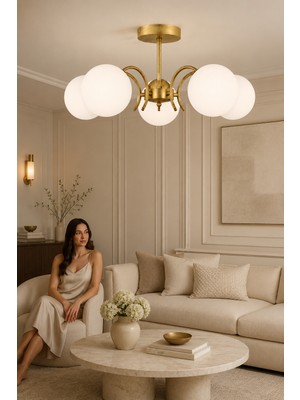 Esslight Hazal 5’li Eskitme Beyaz Camlı Modern Salon Mutfak Yatak Odası Avizesi