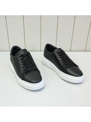 Beystil Hakiki Deri Bağcıklı Sneaker Beyaz Tabanlı Siyah Erkek Ayakkabı