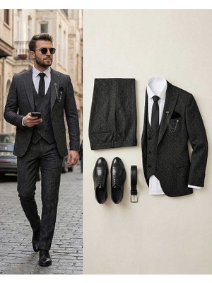 Beystil Sivri Yaka Siyah Yelekli Kırçıllı Takım Elbise Storm- Slim Fit