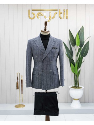 Beystil Sivri Yaka Lacivert Çizgili Kruvaze Ceket 52731 - Slim Fit