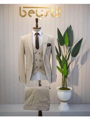 Beystil Sivri Yaka Krem Yelekli Takım Elbise Elanor- Slim Fit