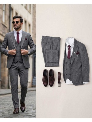 Beystil Sivri Yaka Gri Yelekli Kırçıllı Takım Elbise Storm- Slim Fit
