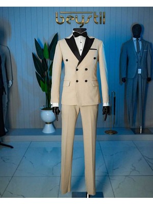Beystil Erkek Krem Saten Yakalı Kruvaze Damatlık ve Smokin Takım - Slim Fit