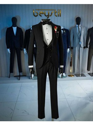 Beystil Erkek Şal Yaka Siyah Yelekli Damatlık & Smokin Takımı 10002 - Slim Fit
