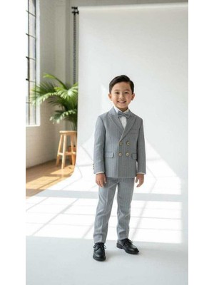 Beystil Sivri Yaka Gri Çizgili Çocuk Kruvaze Elbise - Slim Fit