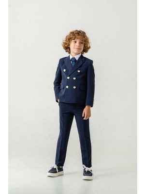 Beystil Sivri Yaka Lacivert Çocuk Kruvaze Takım Elbise Set -Slim Fit
