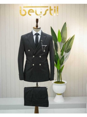 Beystil Sivri Yaka Siyah Çizgili Kruvaze Takım Elbise Bezayak - Slim Fit