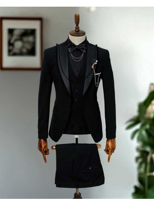 Beystil Kırlangıç Yaka Siyah Yelekli Damatlık & Smokin Takım -Slim Fit