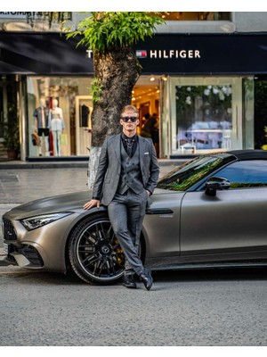 Beystil Sivri Yaka Gri Yelekli Takım Elbise Bezayak - Slim Fit