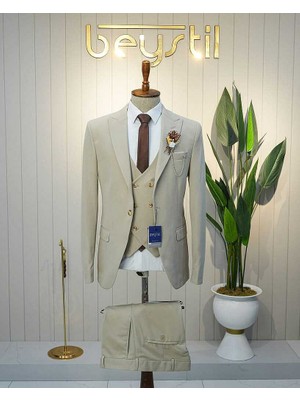 Beystil Sivri Yaka Krem Yelekli Takım Elbise Petek -Slim Fit