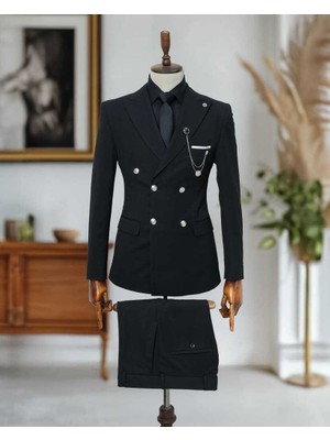 Beystil Sivri Yaka Siyah Kruvaze Takım Elbise Nikol - Slim Fit