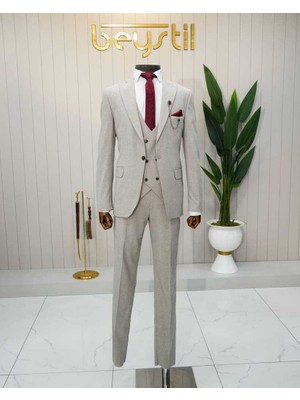 Beystil Sivri Yaka Krem Yelekli Takım Elbise Muline - Slim Fit