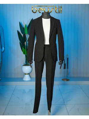 Beystil Siyah Spor Casual  Çizgili Takım Elbise Parodi -Slim Fit