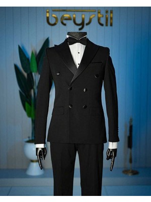 Beystil Erkek Siyah Saten Yakalı Kruvaze Damatlık ve Smokin Takım - Slim Fit