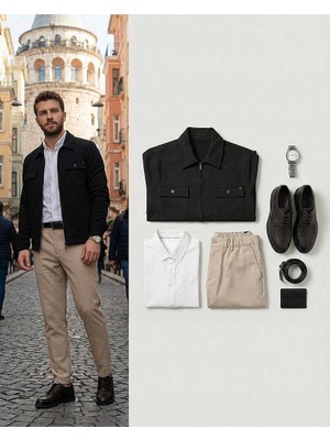 Beystil Erkek Siyah Slim Fit Gömlek Yaka Fermuarlı Hırka 2442