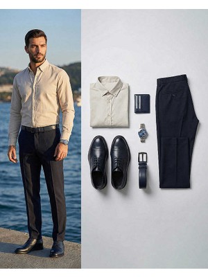Beystil Erkek Düğmeli Yaka Taş Renk Gömlek 5656 -  Slim Fit