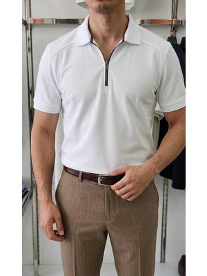 Beystil Erkek Beyaz Slim Fit Yarım Fermuarlı T-Shirt 263471