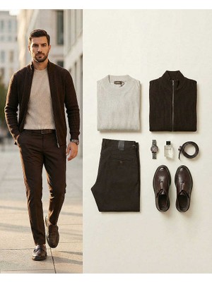 Beystil Erkek Kahverengi Slim Fit Keten Pantolon