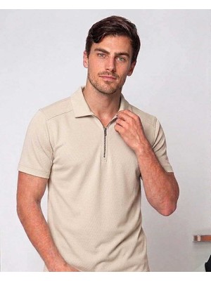 Beystil Erkek Kemik Rengi Slim Fit Yarım Fermuarlı T-Şhirt 263471