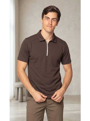 Beystil Erkek Kahve Slim Fit Yarım Fermuarlı T-Şhirt 263471