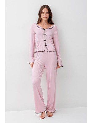 Artış Collection Uzun Kollu Kurdele Fiyonk Detaylı Esnek Likralı Viskoz Soft Pijama Takım 18208