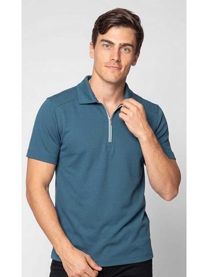 Beystil Erkek Petrol Rengi Slim Fit Yarım Fermuarlı T-Şhirt 263471