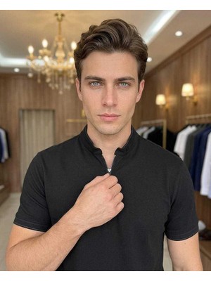 Beystil Erkek Siyah Slim Fit Yarım Fermuarlı T-Şhirt 263463