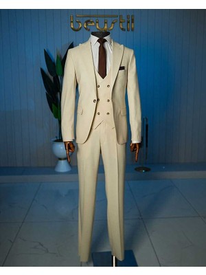 Beystil Sivri Yaka Krem Yelekli Takım Elbise Nikol - Slim Fit