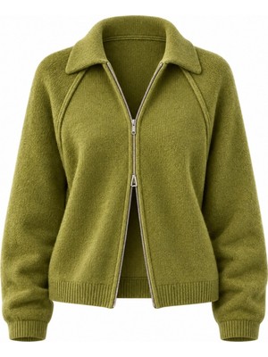 Retrobird Rosalie Oversize Polo Yaka Çift Fermuarlı Triko Hırka Kadın Haki