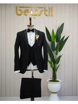 Beystil Erkek Sivri Yaka Siyah Yelekli Damatlık ve Smokin Takım 10003 - Slim Fit