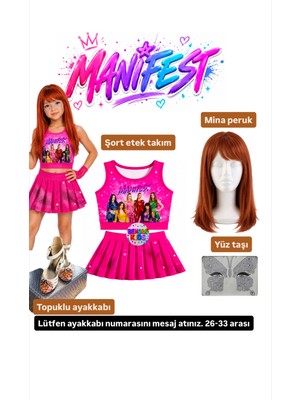 Bemora Kids Manifest Pembe Etek Bluz Alt Üst 2 Li Takım Şort Etek Takım Manifest Mina Peruk - Yüz Taşı Seti - Manifest Topuklu Ayakkabı Parti Konser Doğum Günü Plaj Giyim