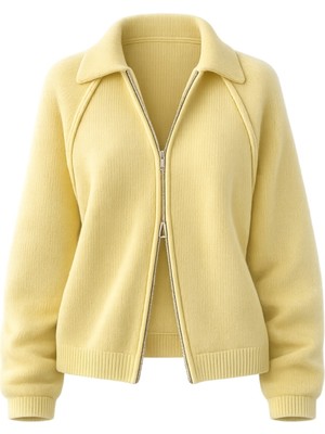 Retrobird Rosalie Oversize Polo Yaka Çift Fermuarlı Triko Hırka Kadın Sarı