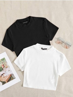 Öz Pamuk Kadın 2'li Adet Siyah Fitilli Bisiklet Yaka Kaşkorse Crop T-Shirt.