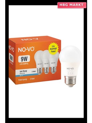 HBG Markt No-Vo 3'lü Paket 9W Beyaz LED Ampul E27 806 Lm 6500K 15.000 Saat Öm