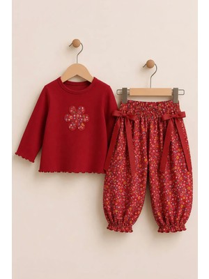 Miniğimin Cicileri Vintage Çiçek Desenli Şalvarlı Kız Çocuk 2 Li Takım - Kırmızı