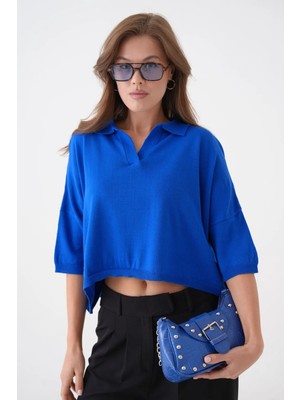 Woman Vision Triko Kumaş Polo Yaka Oversize Kalıp Crop Mavi Kadın Bluz 002