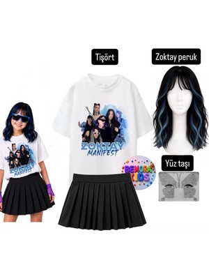 Bemora Kids Manifest Zoktay Set Baskılı Tişört +Siyah Şort Etek ince kumaştır - Zoktay Siyah Mavi Saç Peruk + Yüz Taşı Seti Parti Konser Doğum Günü