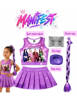 Bemora Kids Manifest Şort Etek Üst Büstiyer Örgü Zincirli Mor - Lila Renk Saç Manifest Aksesuar Seti Mor Saç Tozu - Yüz Taşı