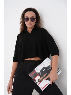 Woman Vision Triko Kumaş Polo Yaka Oversize Kalıp Crop Siyah Kadın Bluz 002