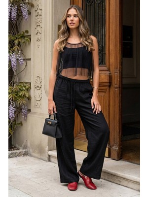 Madmext Siyah Beli Büzgülü Wide Leg Kumaş Pantolon MG1950